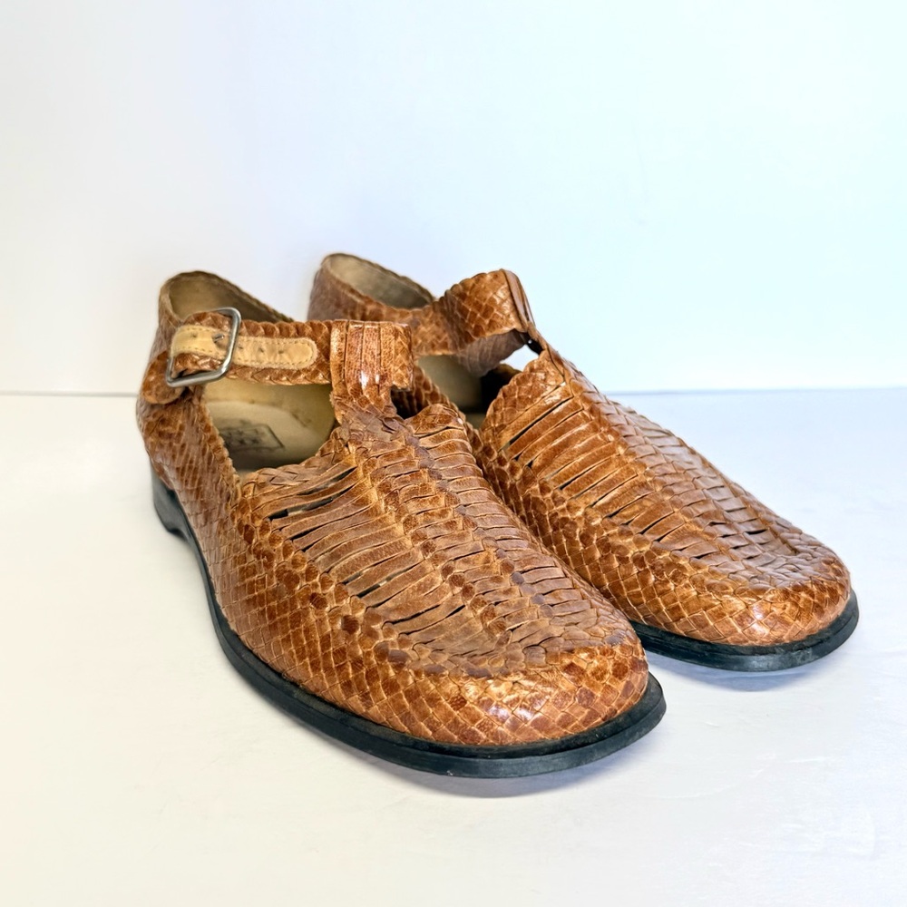 VTG France Mode Women’s Brown Woven Leather Loafer Shoes Buckle Size 5